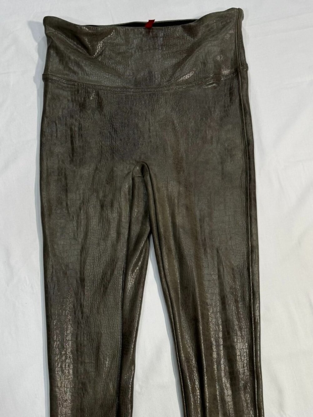 SPANX Faux Leather Croc Embossed Leggings Olive Metallic High Rise Size Small